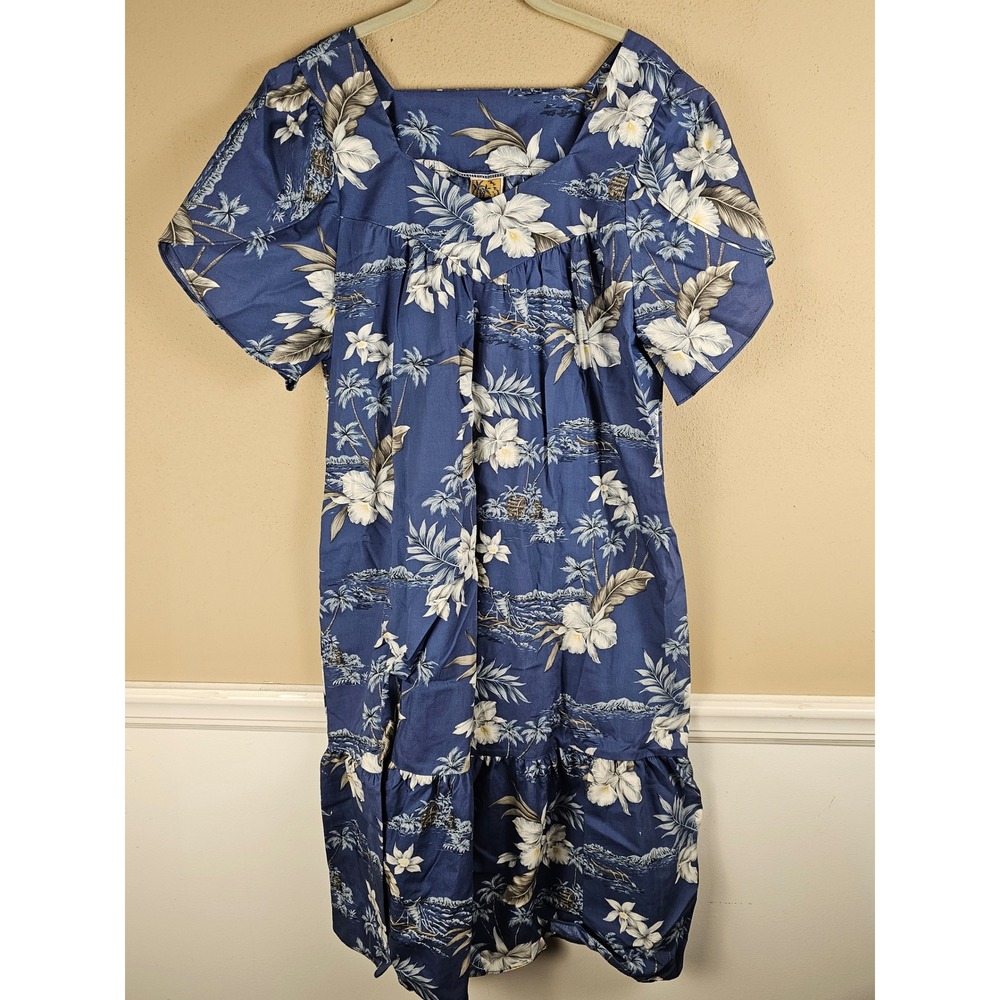 Winnie Fashion‎ Hawaii Womens Blue Floral Hawaiian Dress Large